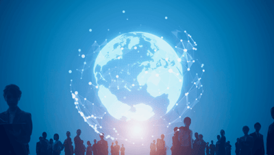 Holographic globe and people are below it.