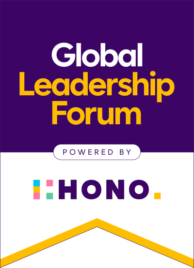 Poster with purple and white background reading “Global Leadership Forum,” with “Powered by HONO” logo and yellow accent graphic at the bottom.