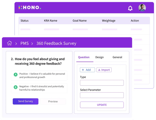 Survey interface for 360 feedback with positive and negative response options and form fields for survey setup.