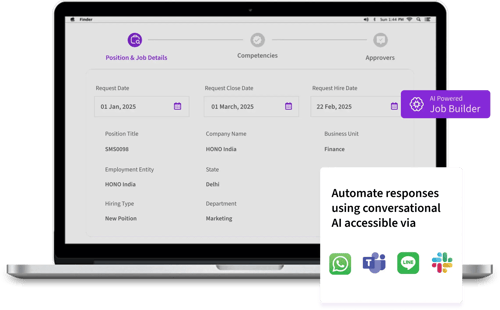 Laptop screen showing a job requisition dashboard with tabs for position details, competencies, approvers, and a highlighted AI-powered Job Builder feature; conversational AI automation alongside icons for WhatsApp, Teams, Line, and Slack.