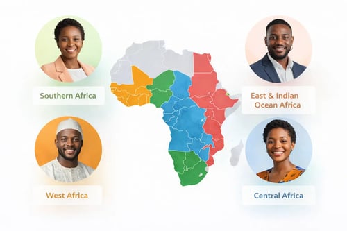 Color-coded map of Africa highlighting regional workforce divisions—West, Central, Southern, and East &amp; Indian Ocean Africa—with employee portraits.