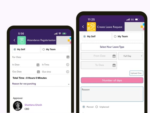 Two mobile phone screens showing interfaces for "Attendance Regularisation" and "Create Leave Request."