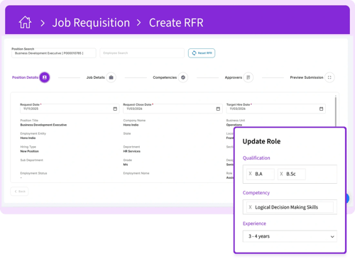 A "Job Requisition" interface with a pop-up window for updating role qualifications and competencies.