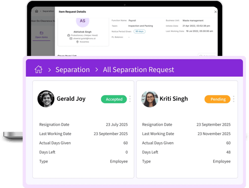 An employee separation management screen within an HR system, showing pending and accepted resignation requests with employee details.