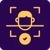 Yellow icon on a purple background showing a facial recognition scan with a checkmark.