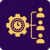 Yellow icon on a purple background showing a gear with a clock connected to three person silhouettes.