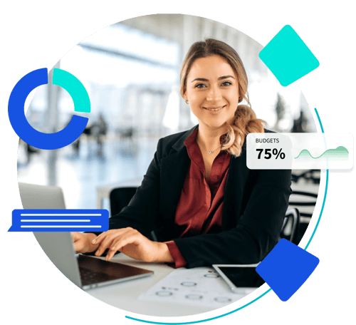 A woman in a blazer working on a laptop, surrounded by data visualization graphics.