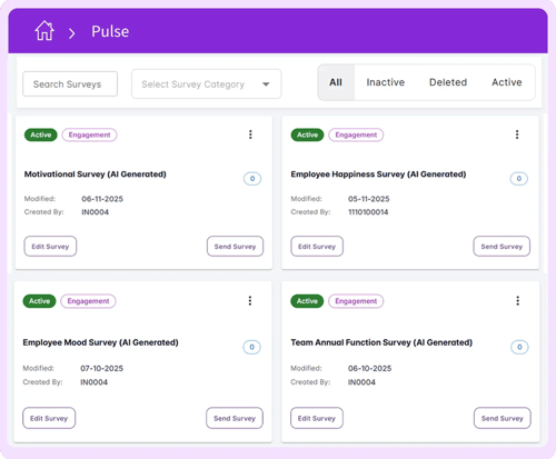 A dashboard showing active employee engagement surveys, including motivational, happiness, mood, and team function surveys, with options to edit or send each survey.
