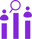 A purple icon with three human figures on vertical bars of different heights and a magnifying glass above the tallest, representing talent search, candidate evaluation, or employee ranking.