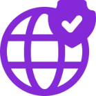 A purple icon depicting a globe with a shield and checkmark, symbolizing secure global access or internet security.
