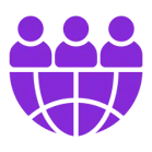 A purple icon of three people standing above a globe, representing a global workforce, international team, or global employee network.
