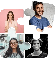 Four interlocking puzzle pieces, each featuring a different person's portrait, symbolizing teamwork and finding the right fit for a team.