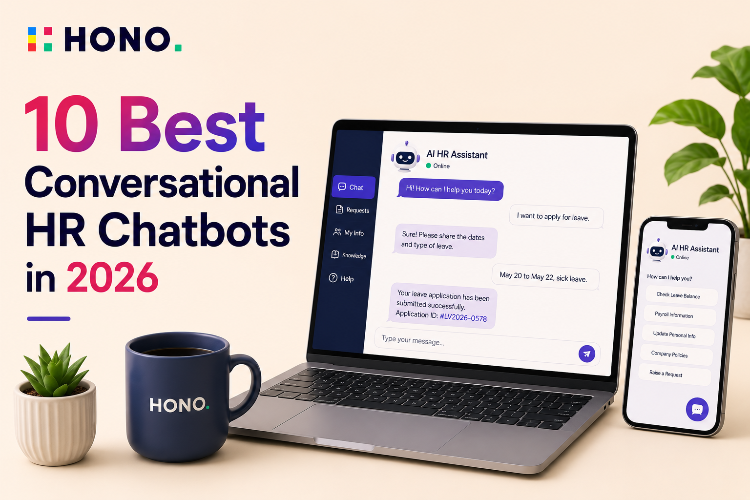 HONO blog featured image for 10 Best Conversational HR Chatbots in 2026, featuring an AI HR assistant chatbot interface, employee self-service dashboard, conversational HR automation, and a modern digital workspace.