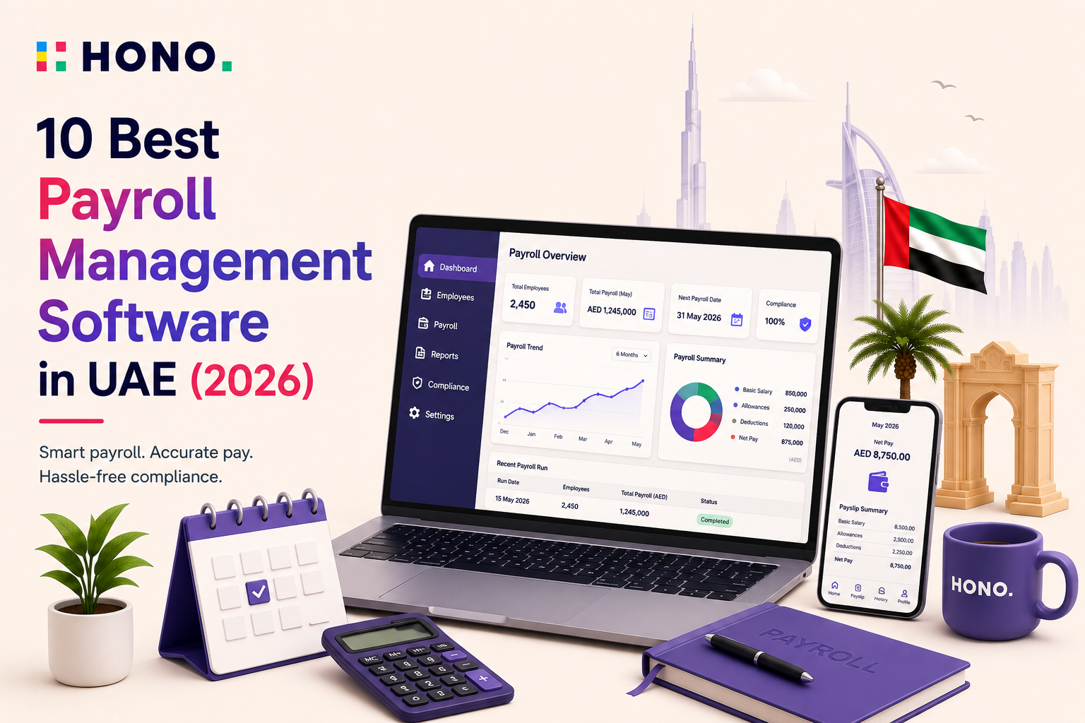HONO blog featured image for the 10 Best Payroll Management Software in UAE (2026), showcasing a modern payroll dashboard, UAE skyline, payroll calculator, calendar, and compliance-focused HR technology workspace.