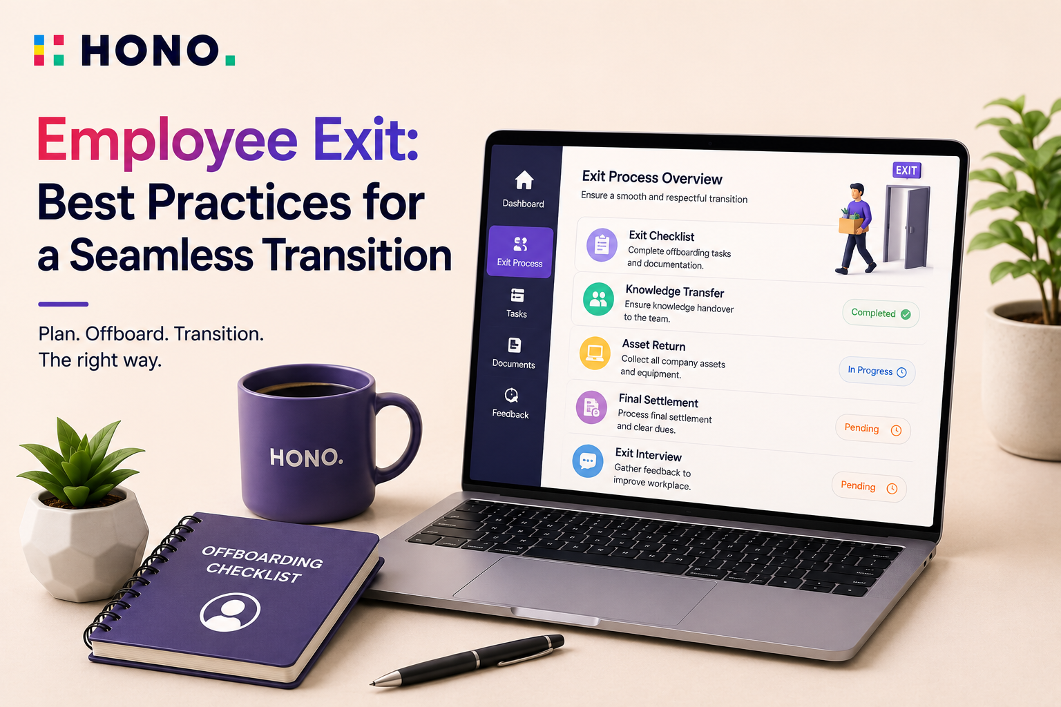 HONO blog featured image for Employee Exit Best Practices, showcasing a modern employee offboarding dashboard with exit checklist, knowledge transfer, asset return, final settlement, exit interview, and a professional HR workspace.