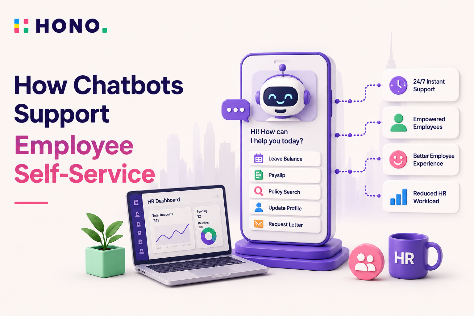 3D illustration of an AI chatbot supporting employee self-service with HR dashboard, leave balance, payslip access, policy search, profile updates, and instant employee support, featuring HONO branding.