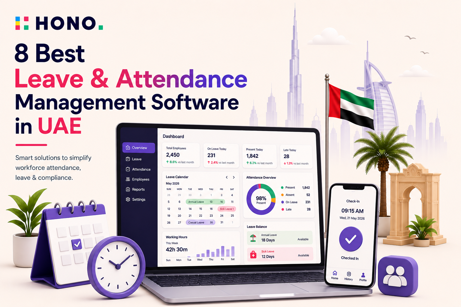 Illustration of the 8 best leave and attendance management software in the UAE featuring a modern HR dashboard with leave tracking, attendance monitoring, mobile check-in, calendar scheduling, and UAE-themed visuals for enterprise workforce management.