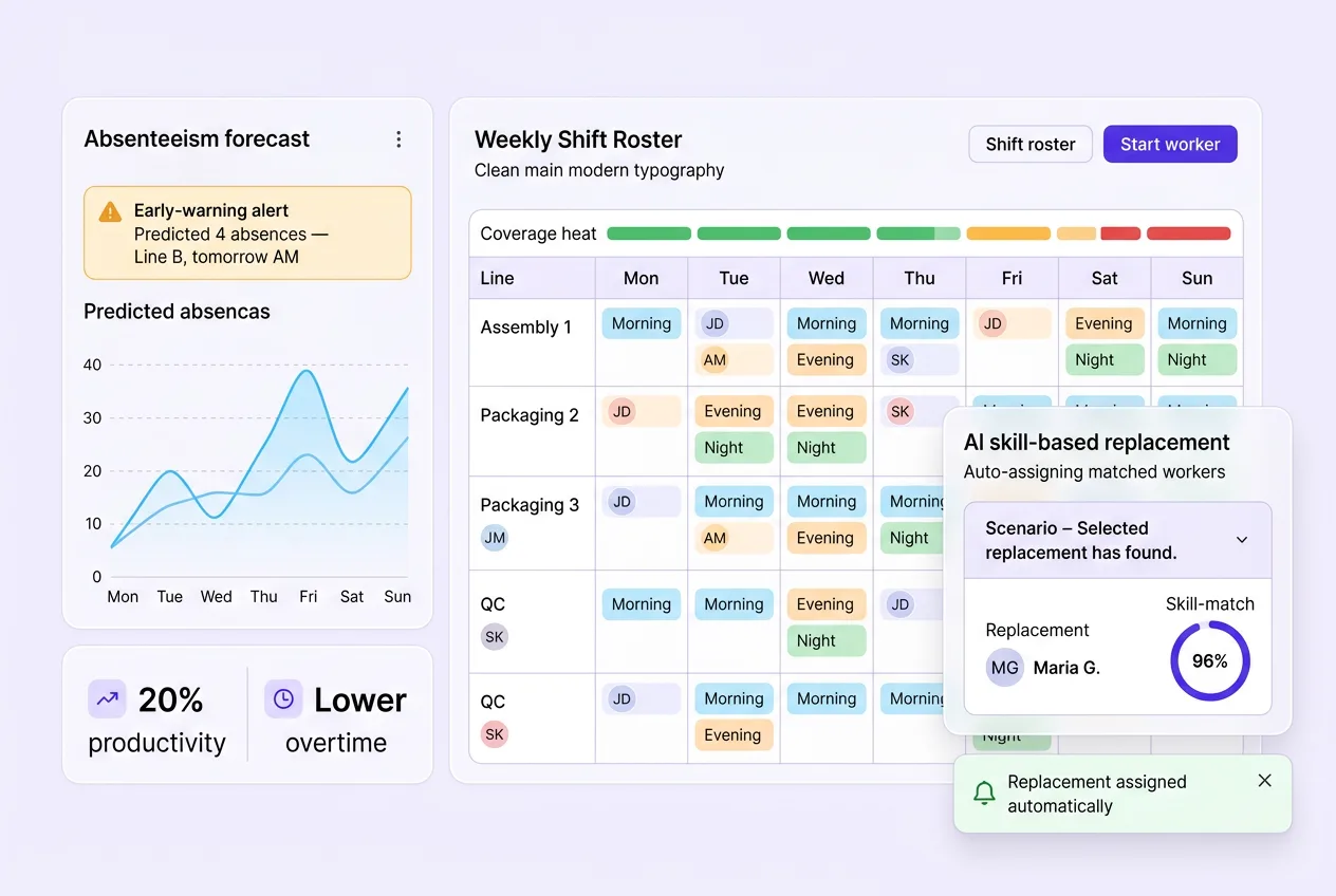 AI auto rostering and shift management dashboard predicting absenteeism