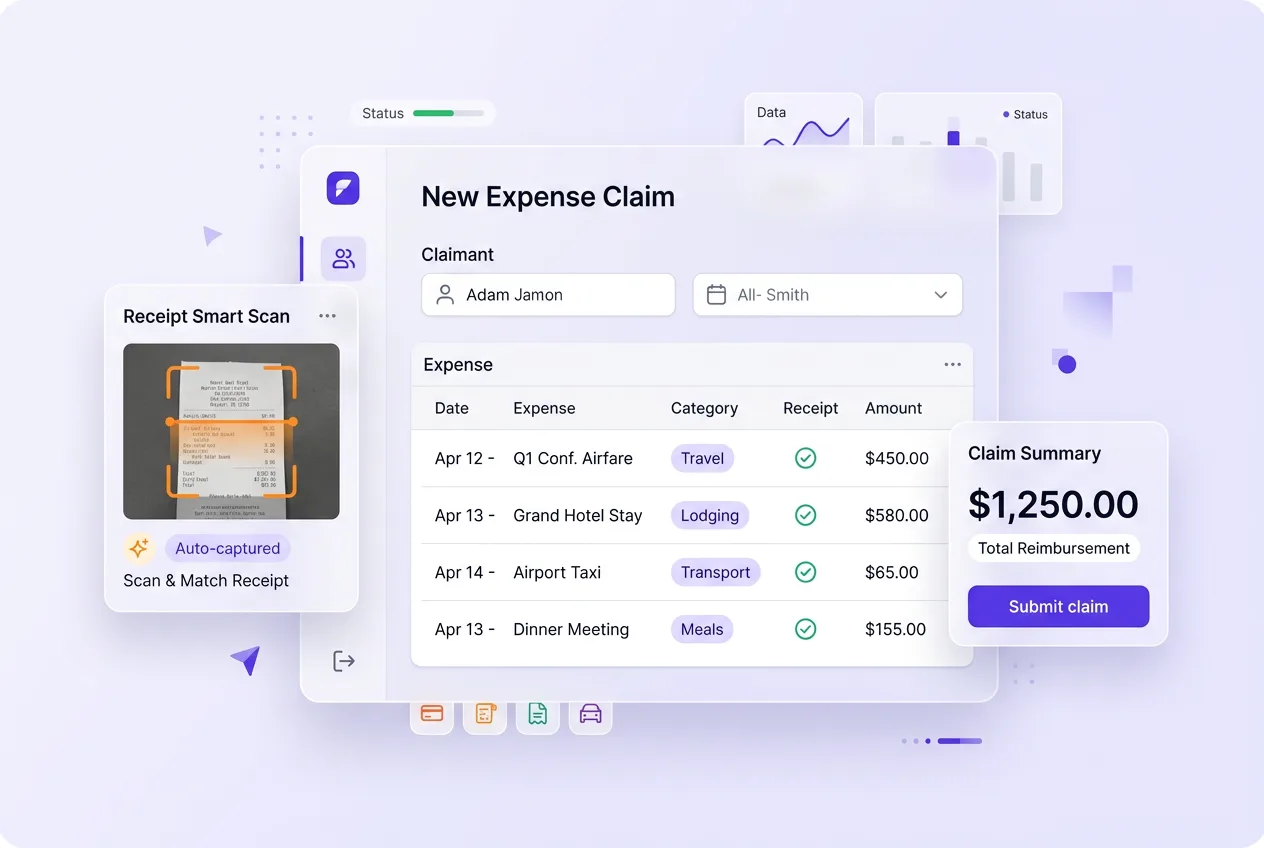 Expense claim submission with receipt upload and ERP integration